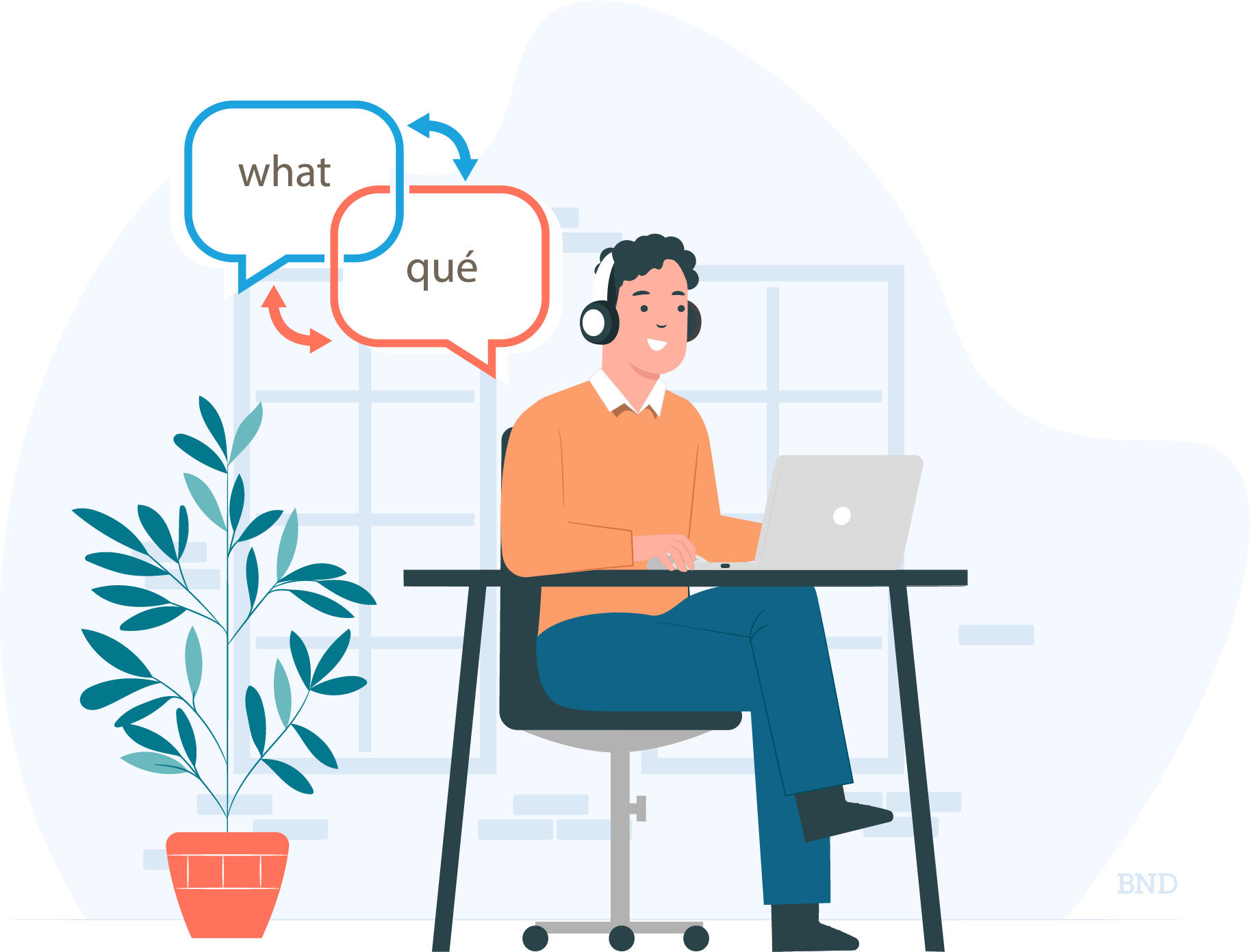 graphic of person sitting at desk next to word bubbles