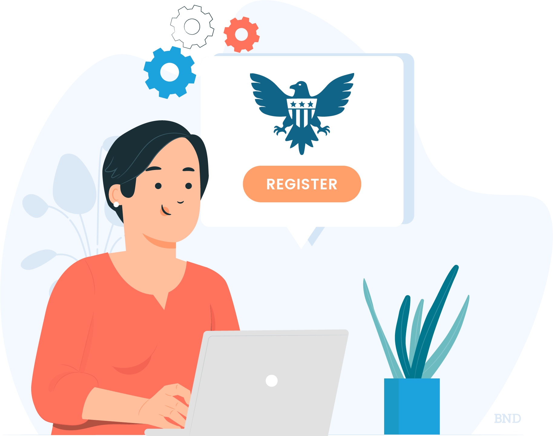 graphic of a person sitting at a laptop in front of an eagle crest