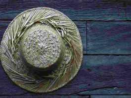Old Straw hat Wooden Surface